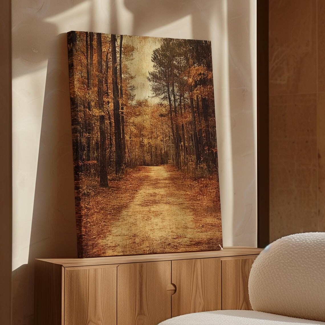 Rustic Autumn Forest Path with Tall Pines and Fallen Leaves Trail Poster