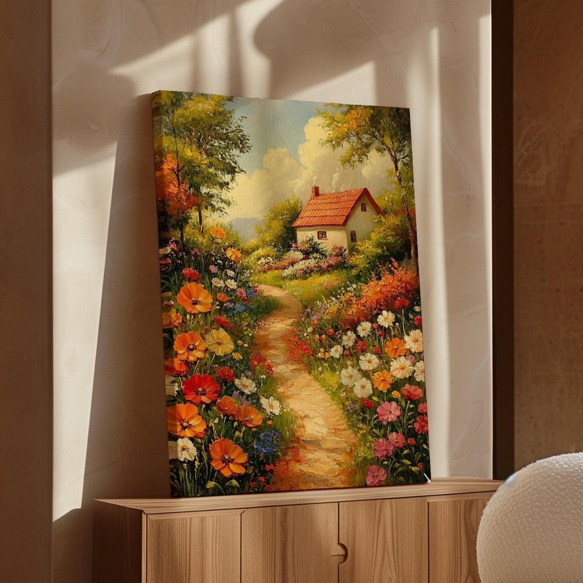 Cozy Cottage Garden Path Blooming Wildflowers Vibrant Art Poster