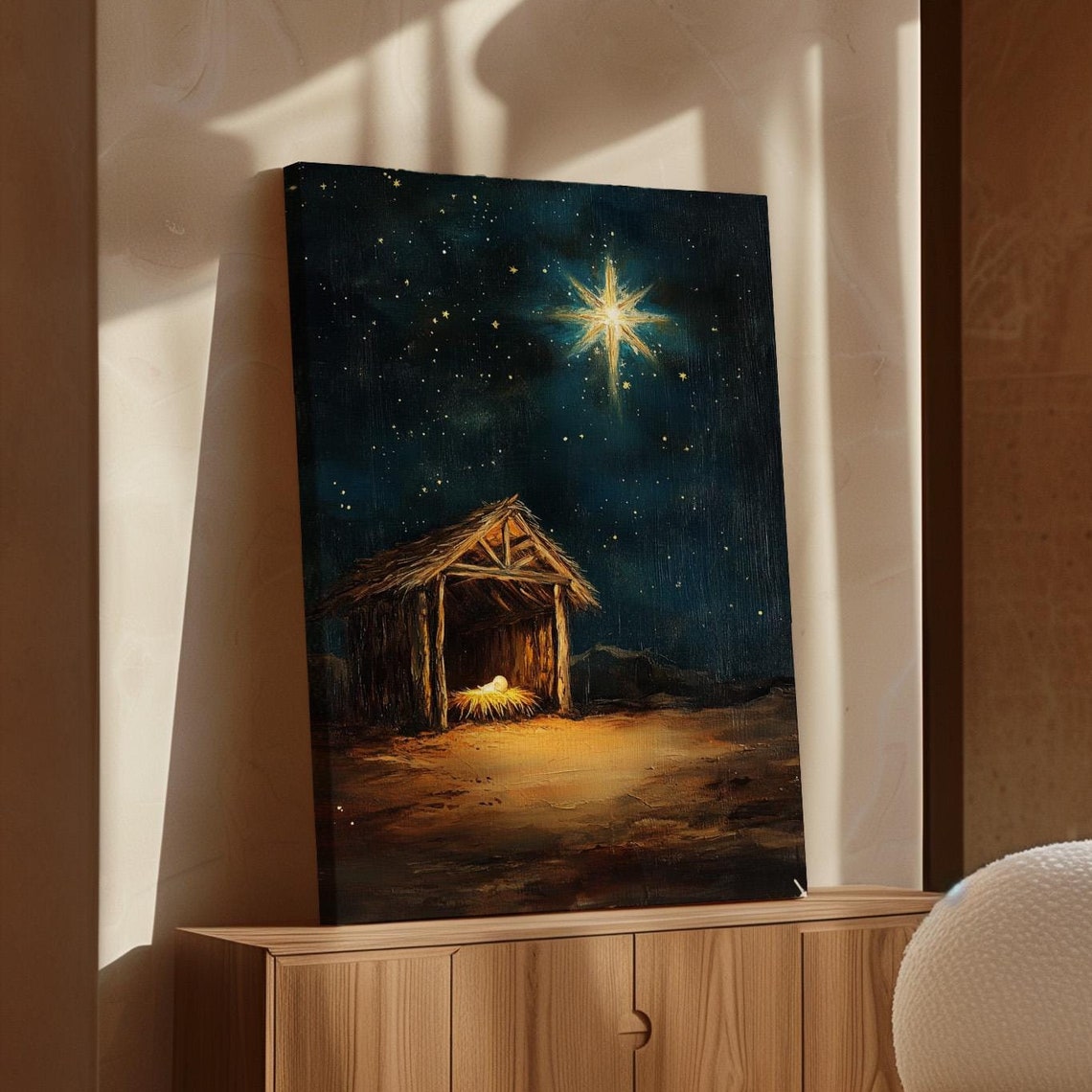 Baby Jesus In Manger At Nativity Stable Under Bright Star Night Poster