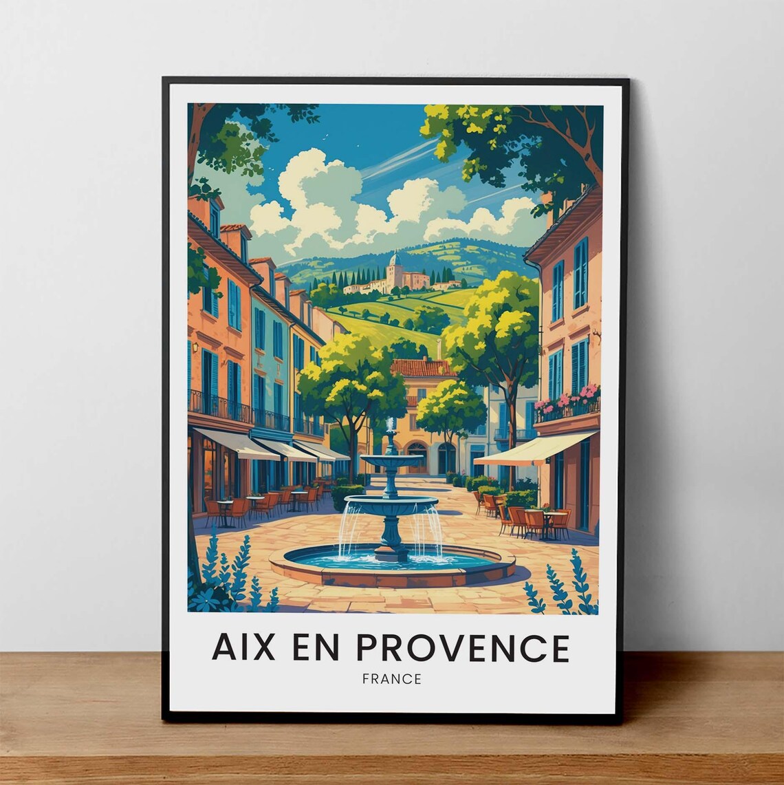 Aix en Provence France Fountain Plaza Scene Vintage Travel Poster
