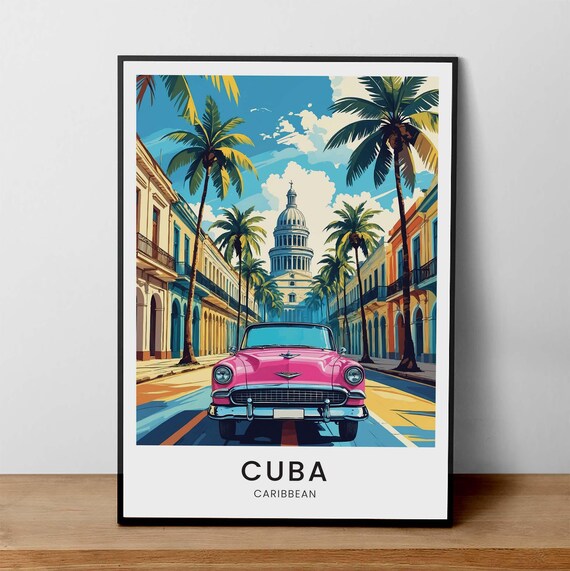 Havana Travel Poster Retro Pink Car Art Print