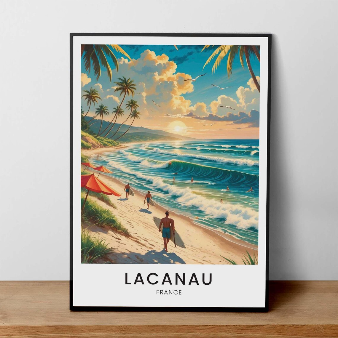 Lacanau France Sunset Surf Beach Waves Vintage Coastal Travel Poster