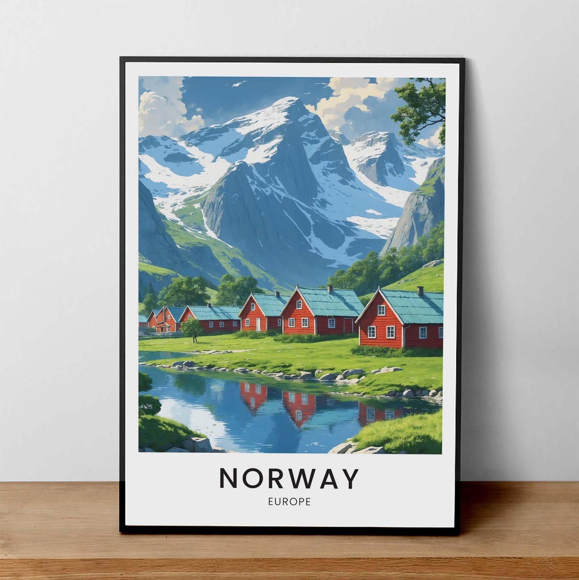Norway Fjord Red Cabins Lakeside Mountain Village Travel Poster