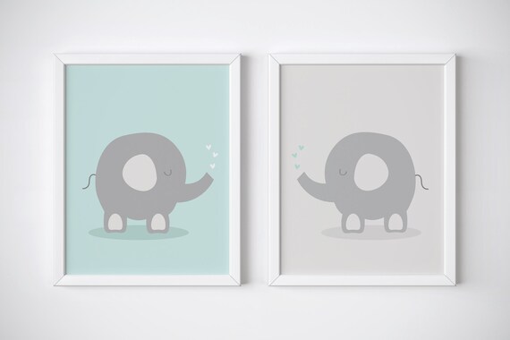 Sweet Twin Elephant Nursery Poster in Mint Green with Tiny Hearts