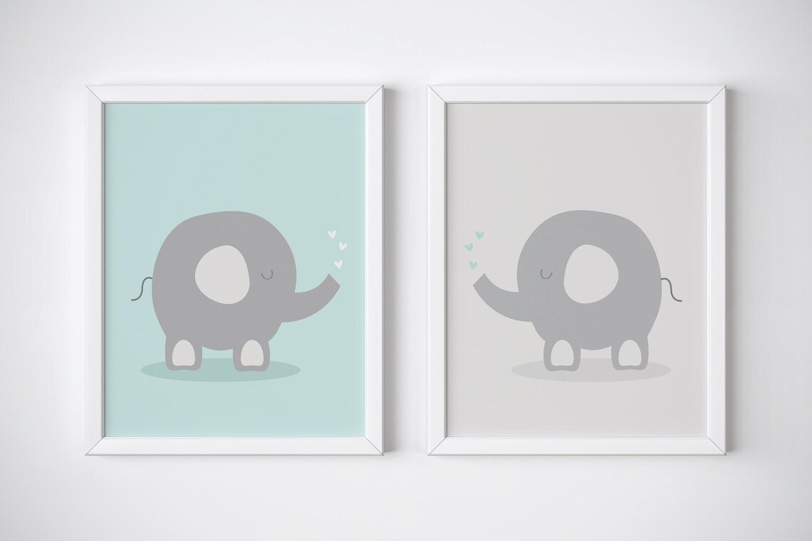 Sweet Twin Elephant Nursery Poster in Mint Green with Tiny Hearts