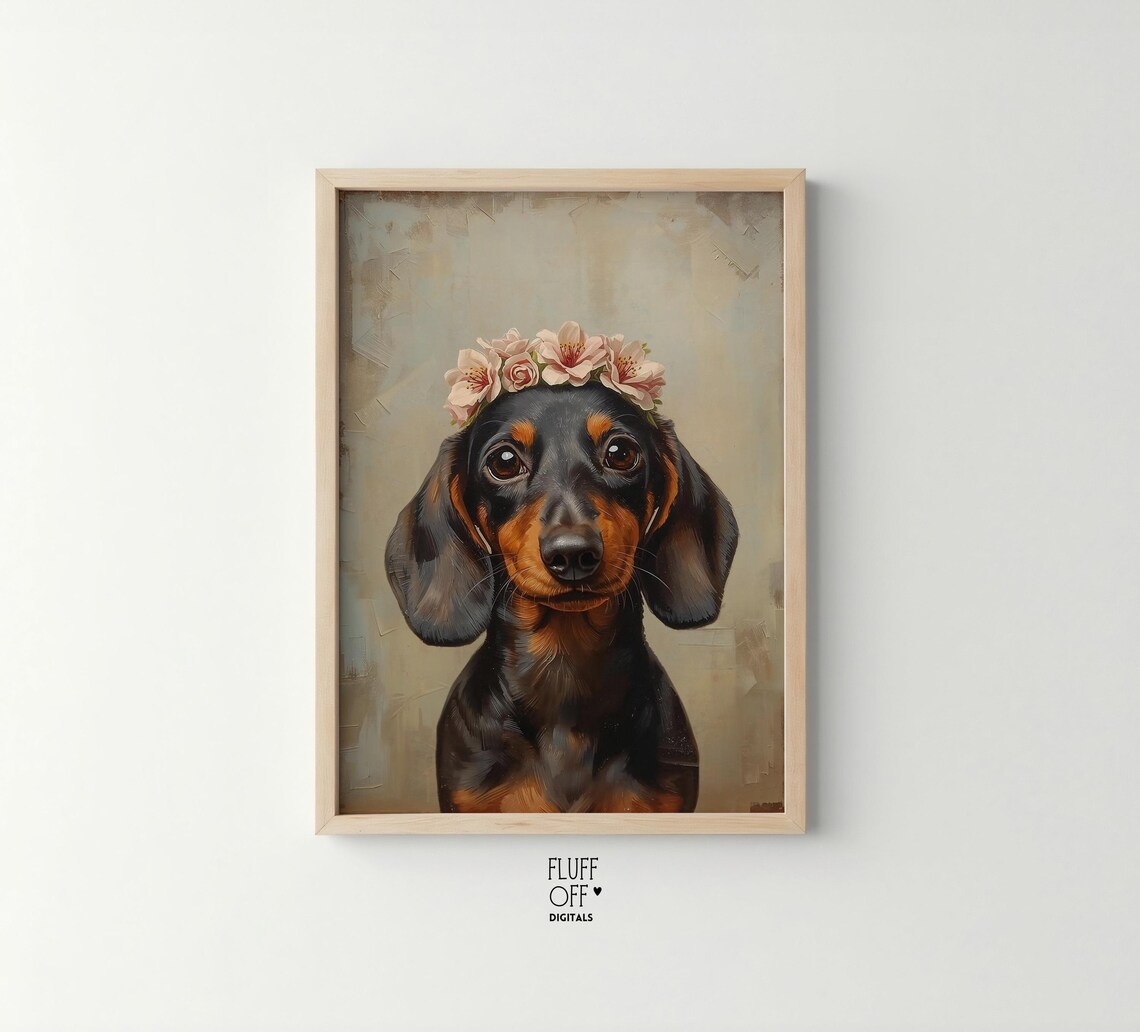Cute Dachshund Puppy With Flower Crown Vintage Pet Portrait Poster