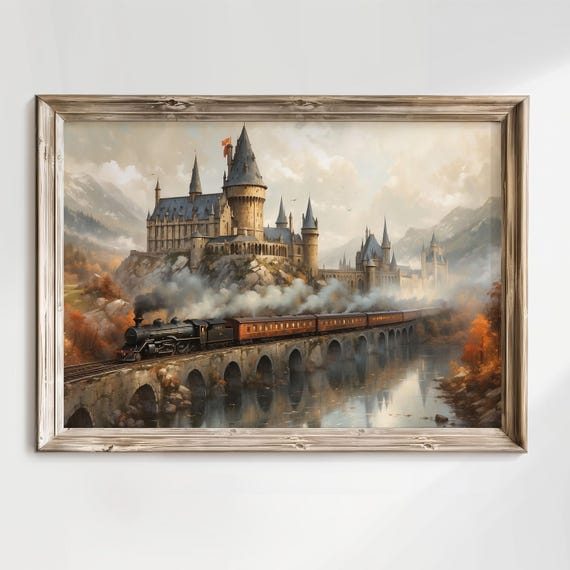 Fantasy Steam Train Wizard School Oil Painting Poster