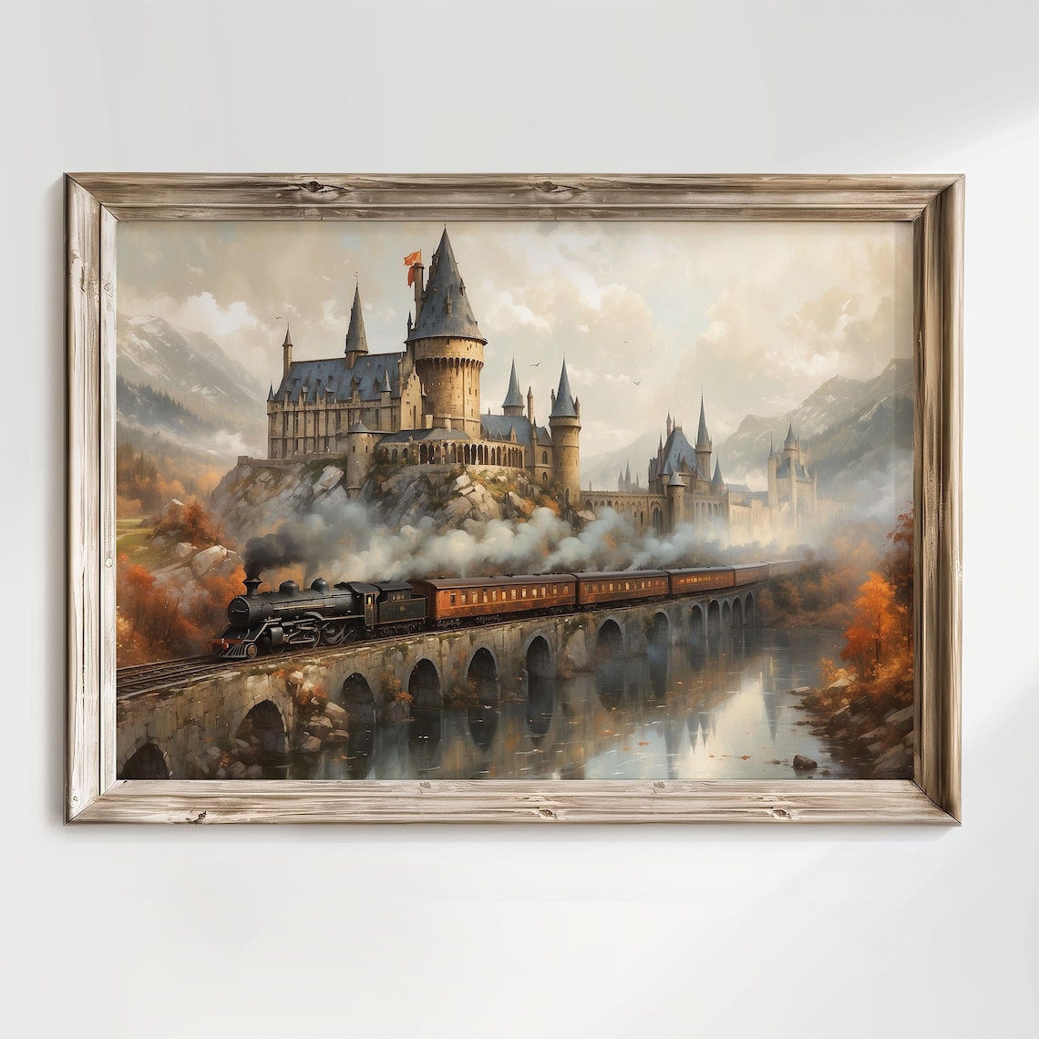 Fantasy Steam Train Wizard School Oil Painting Poster