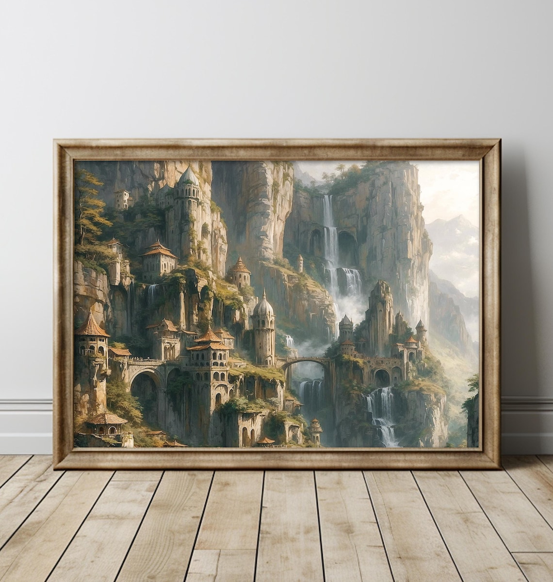 Elven Cliff City Waterfall Fantasy Kingdom Oil Painting Poster