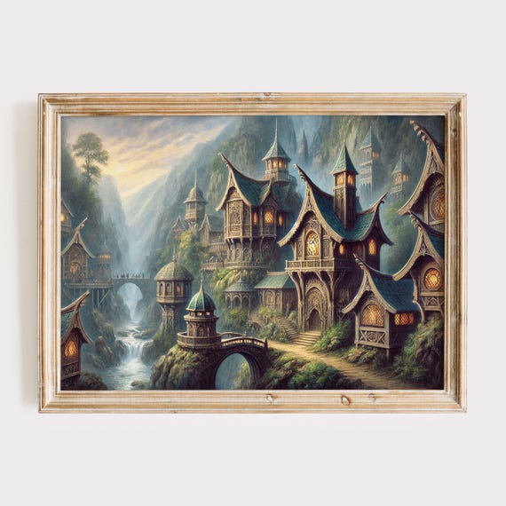 Rivendell Art Elvish Houses By The River Oil Painting Fantasy Landscape Lotr Fine Print Fellowship Ring Poster