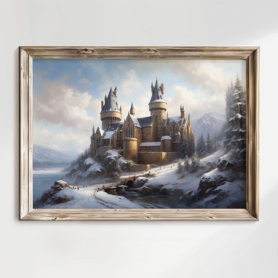 Fantasy Wizard School In Winter Landscape Oil Painting Academy Poster Art Wizarding Castle Fine Print