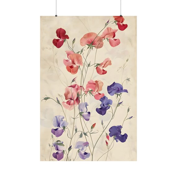 Sweet Pea Botanical Poster 1 Cute Vintage Design Retro Illustration Coquette Room Decor Spring And Summer Flowers Gift For Mum Meadow Print