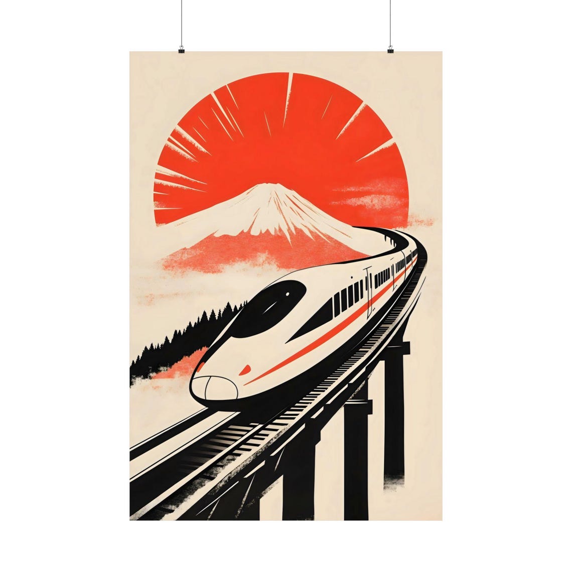 Shinkansen Mount Fuji Rising Red Sun Minimalist Japan Poster