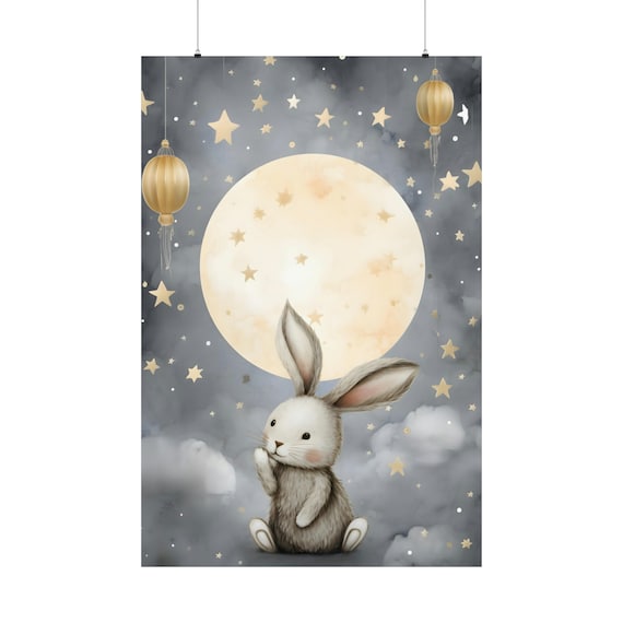 Moon Rabbit Poster 1 Cute Child Bedroom Wall Art Magical Nursery Bookshelf Decor Funny Baby Room Print Starry Night Magic Decoration