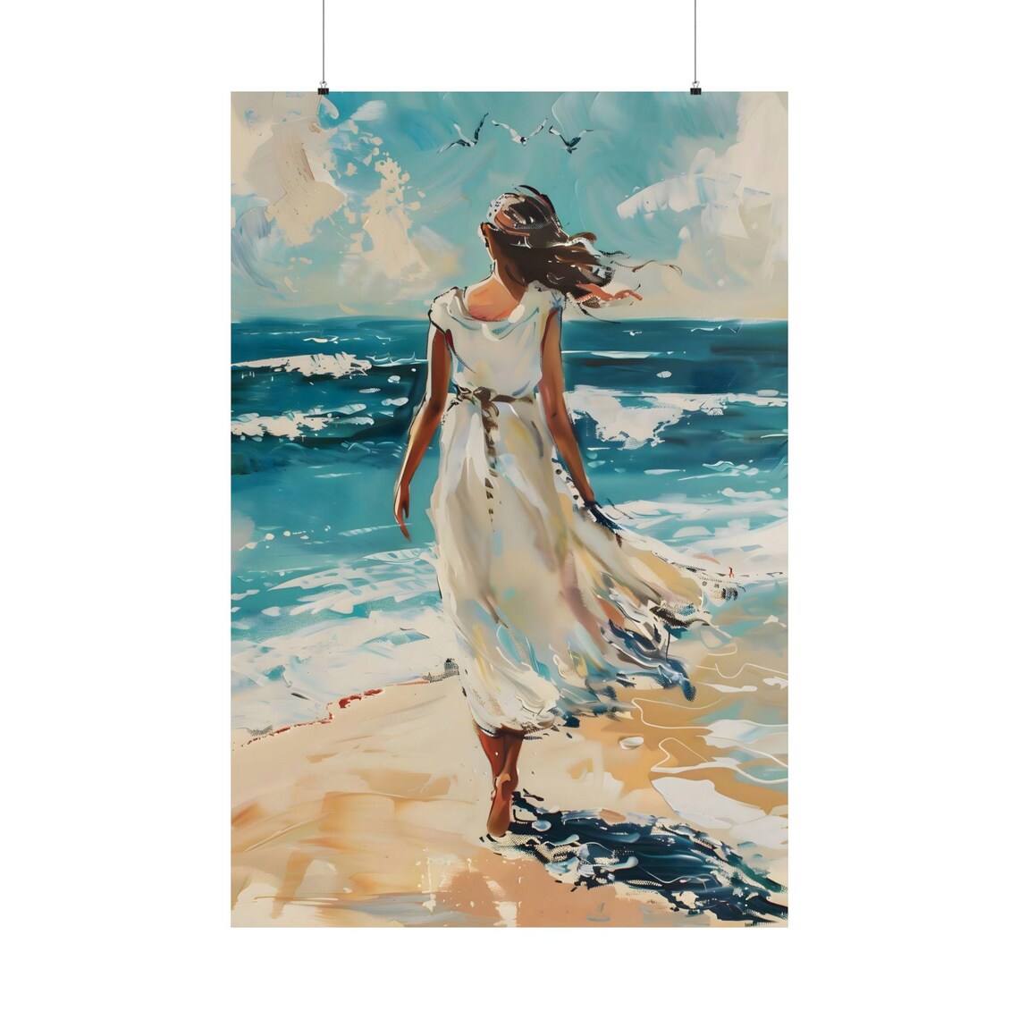 Woman in White Dress Running on Beach Ocean Oil Painting Art Poster