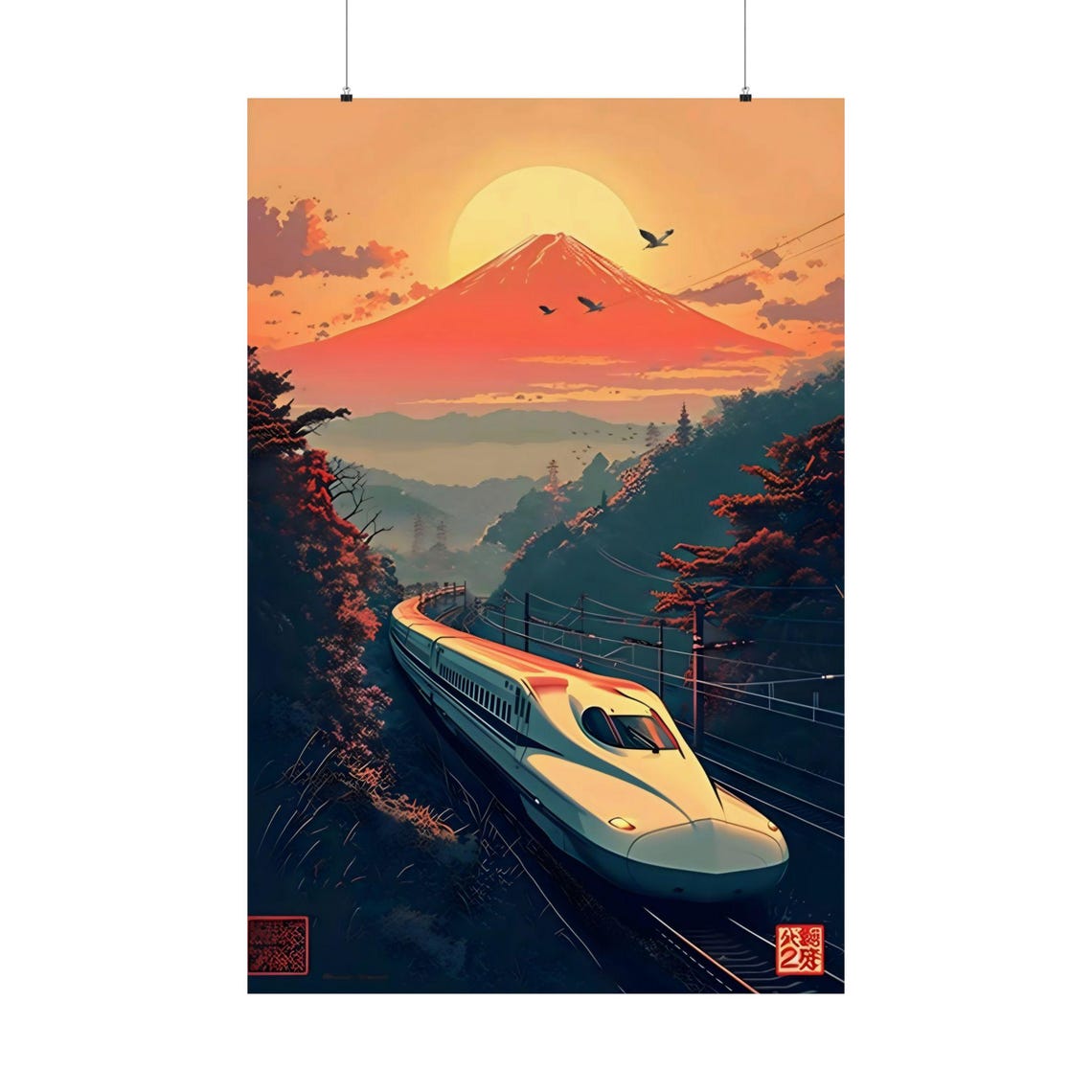 Shinkansen Valley Sunset Mount Fuji Japanese Art Travel Poster
