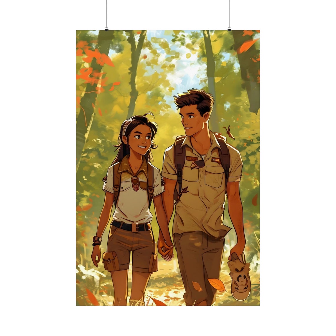 Anime Style Hiking Couple Holding Hands in Autumn Forest Poster