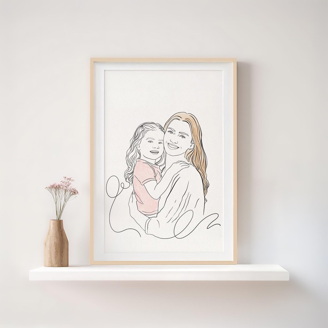 Custom Mother Daughter Line Art Sketch Portrait from Photo Poster