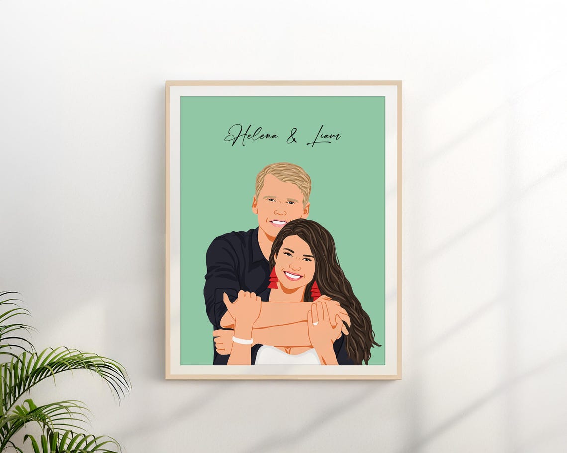 Custom Couple Faceless Portrait with Names on Mint Green Poster