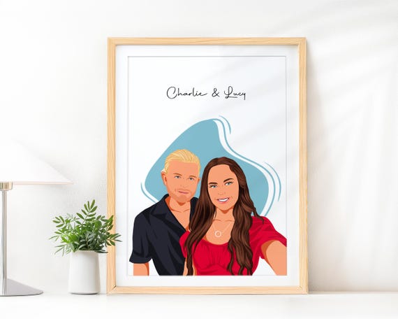 Custom Couple Portrait from Photo with Names on White Poster