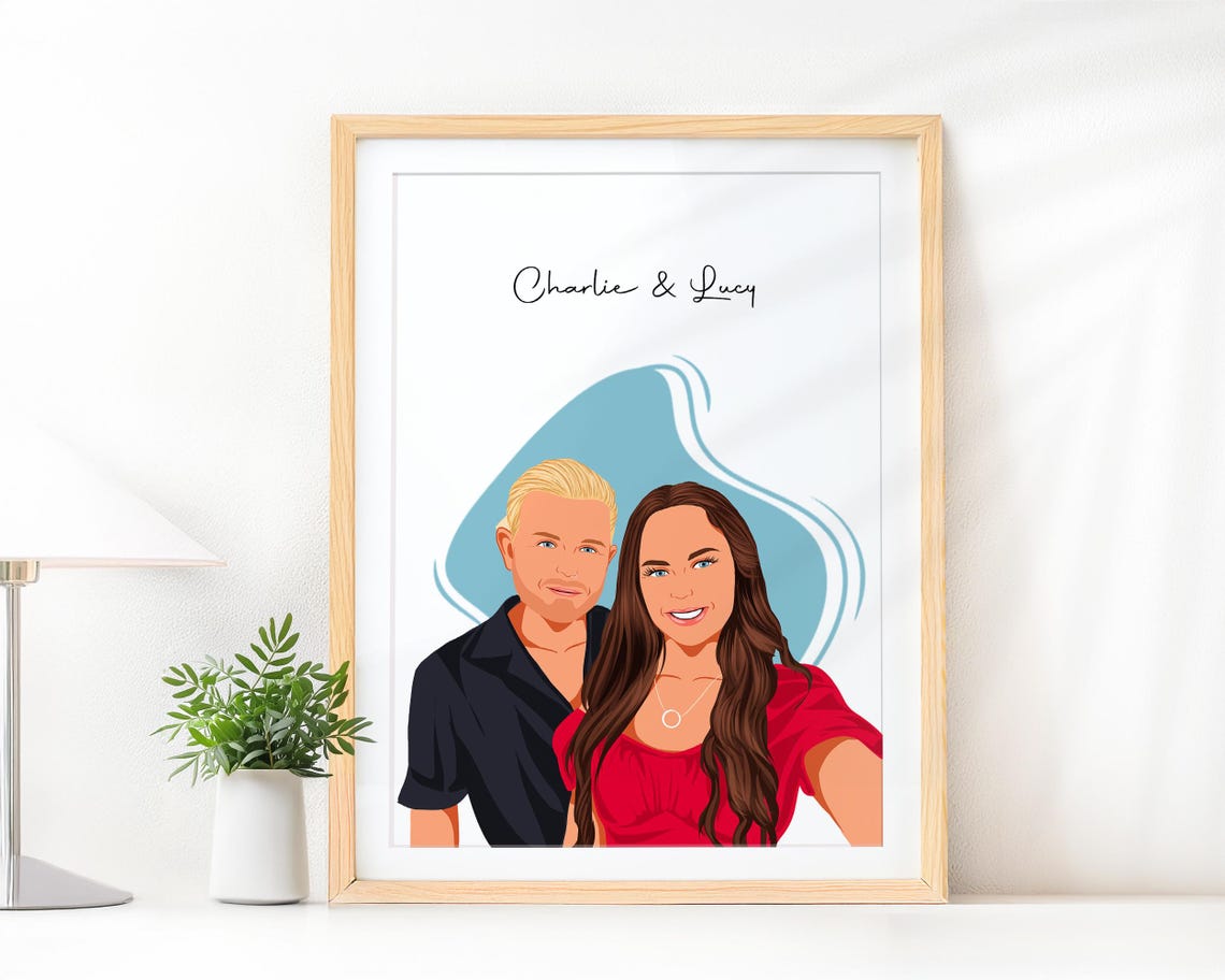 Custom Couple Portrait from Photo with Names on White Poster