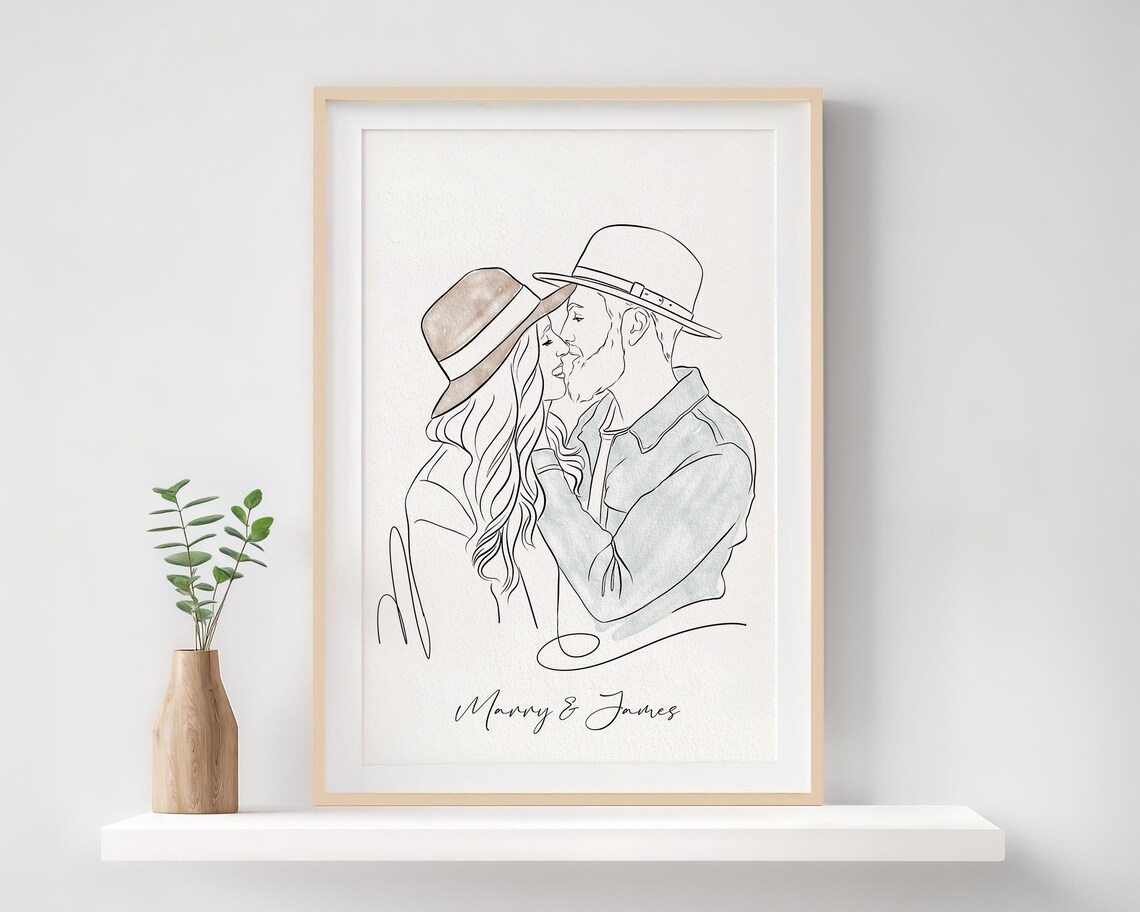 Custom Line Drawing Couple Portrait, Anniversary Gift