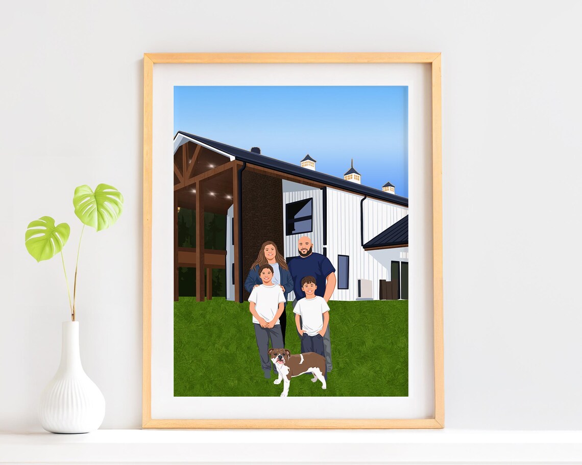 Custom Family Portrait with Dog and House Painting from Photo Poster