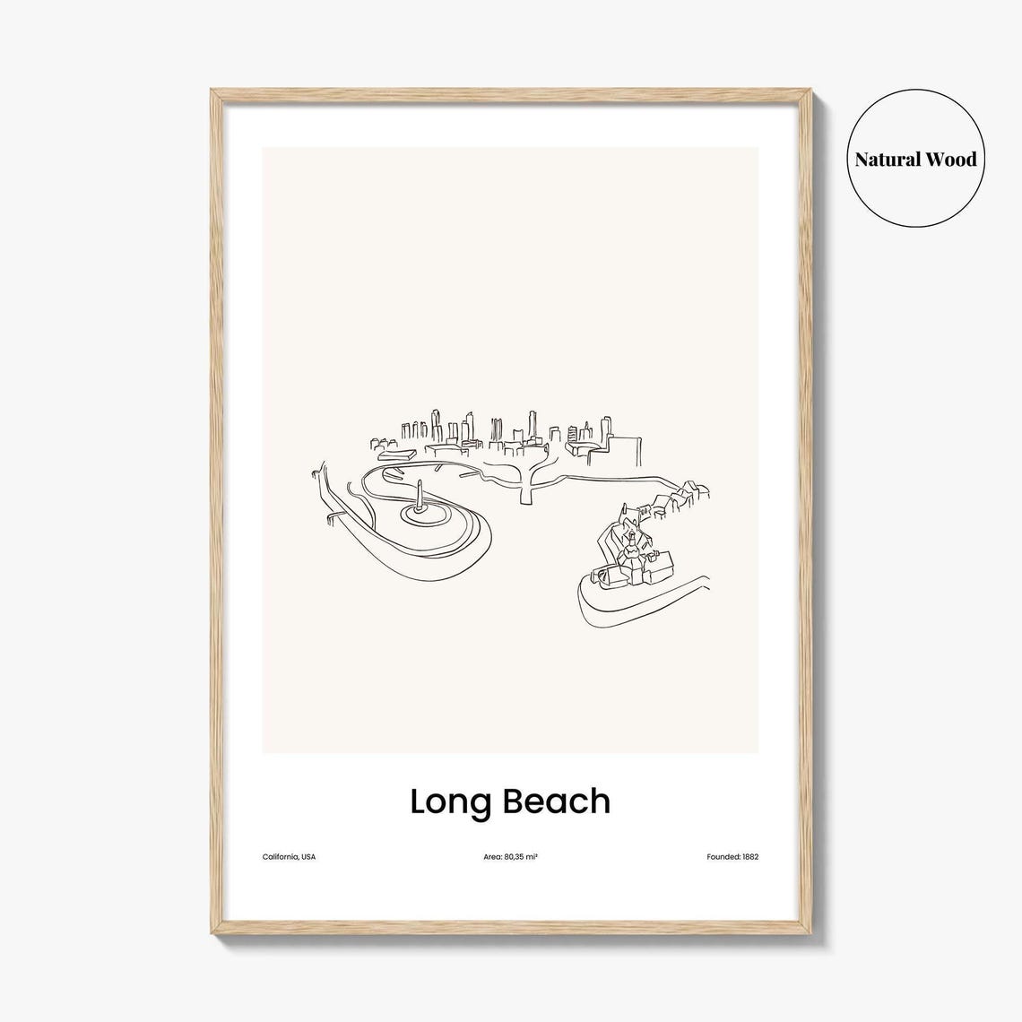 Long Beach California USA Coast City Skyline One Line Drawing Poster - Image 2