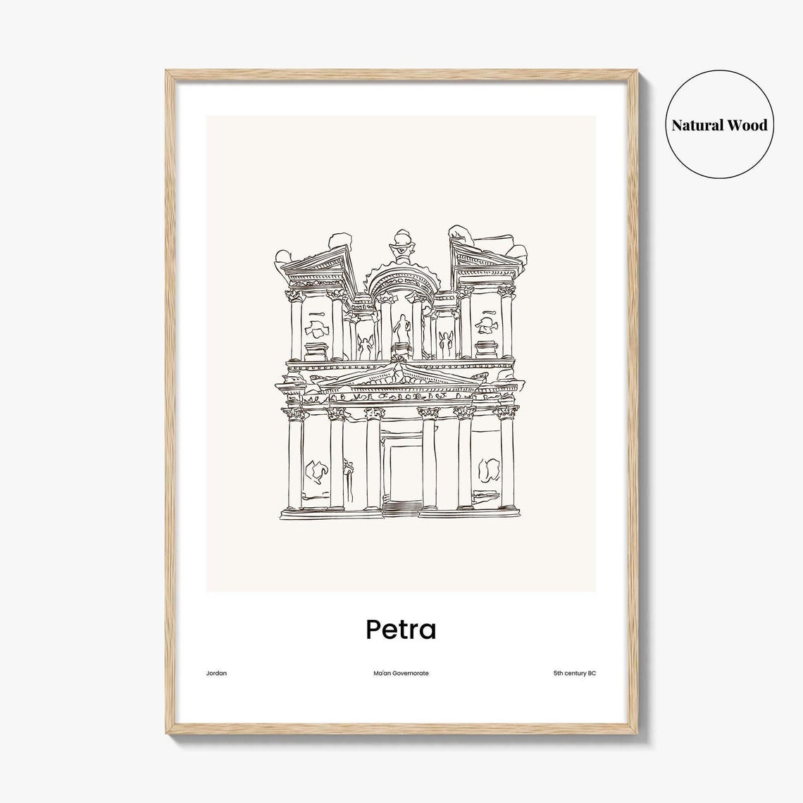 Petra Jordan Treasury Facade One Line Drawing Artwork Poster - Image 2
