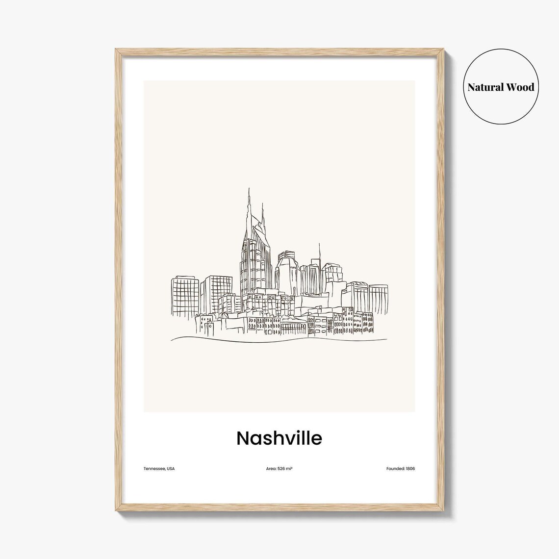 Nashville Tennessee One Line Drawing City Skyline Minimalist Art Poster - Image 2