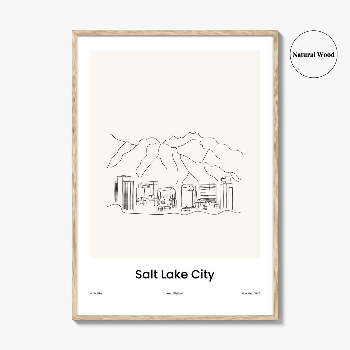Salt Lake City Utah Wasatch Mountains One Line Skyline Art Poster - Image 2
