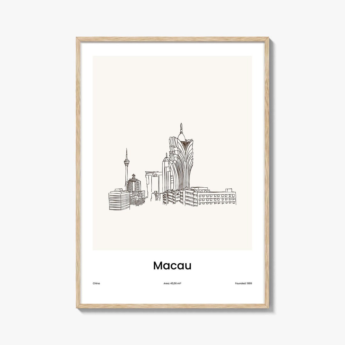 Macau China One Line Skyline Minimalist City Travel Art Poster