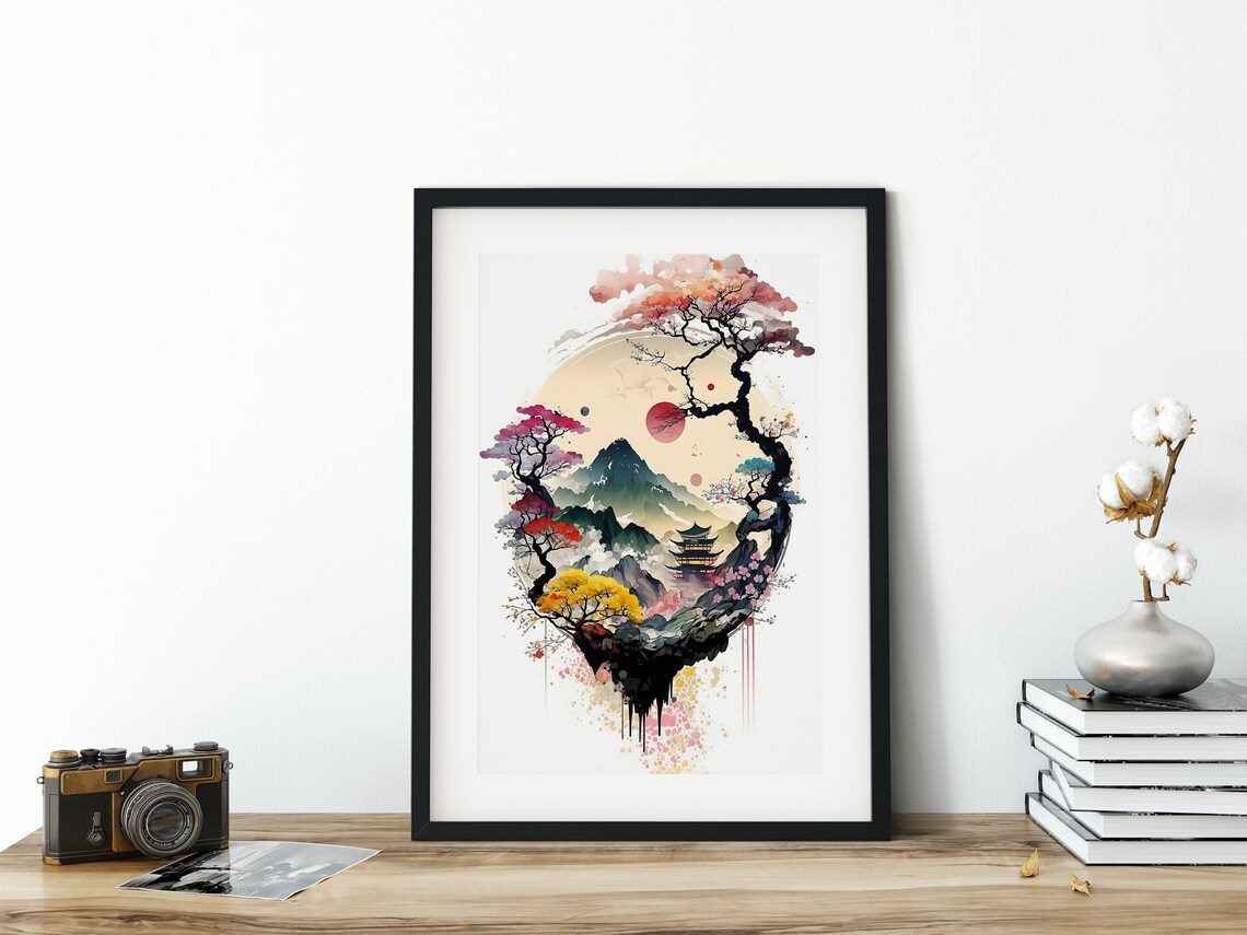 Oriental Pagoda Cherry Blossom Mountain Watercolor Sunrise Wall Art - Image 6