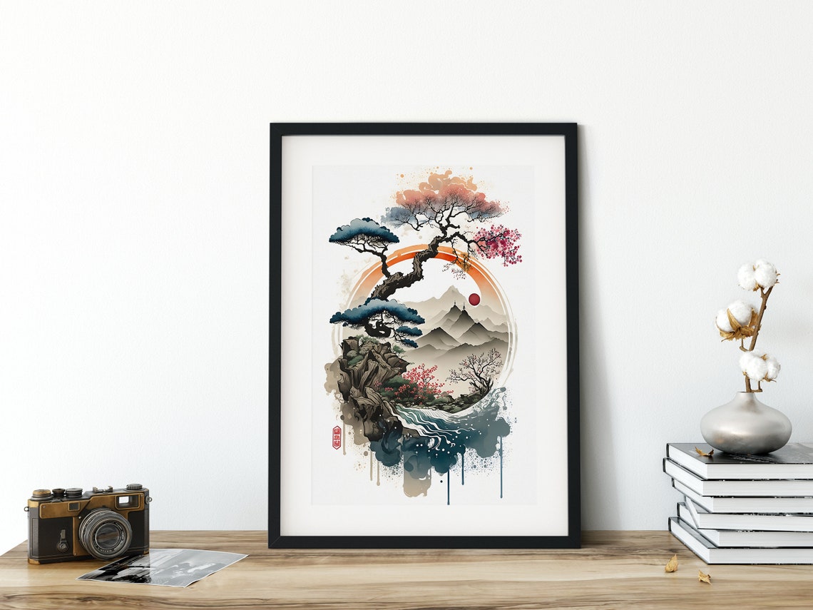 Japanese Watercolor Pine Mountain Enso Circle Lake Landscape Wall Art - Image 5