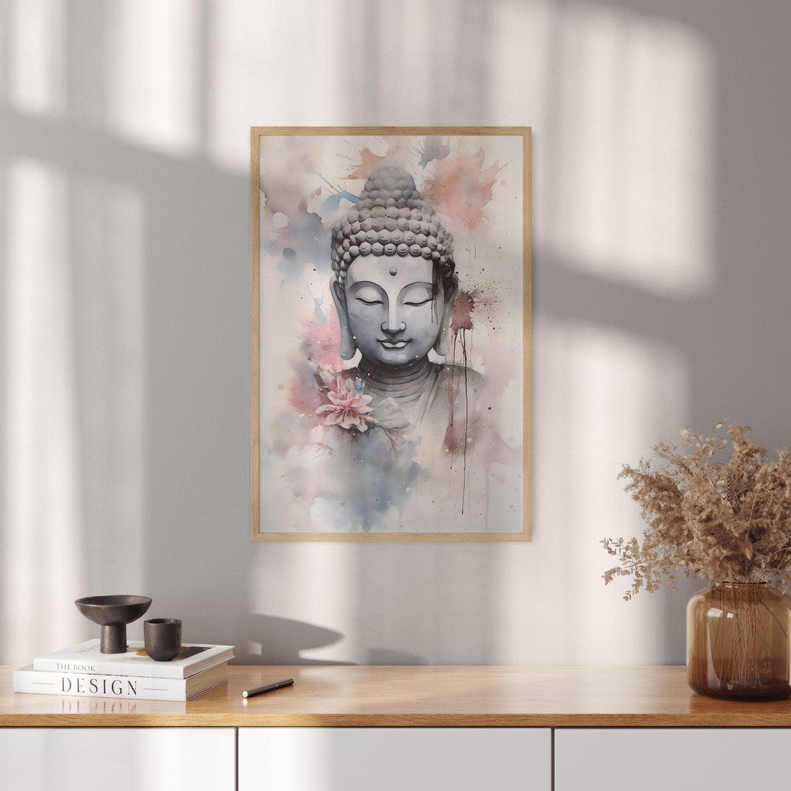 Buddha Statue Watercolor Portrait Pink Floral Meditation Wall Art - Image 4