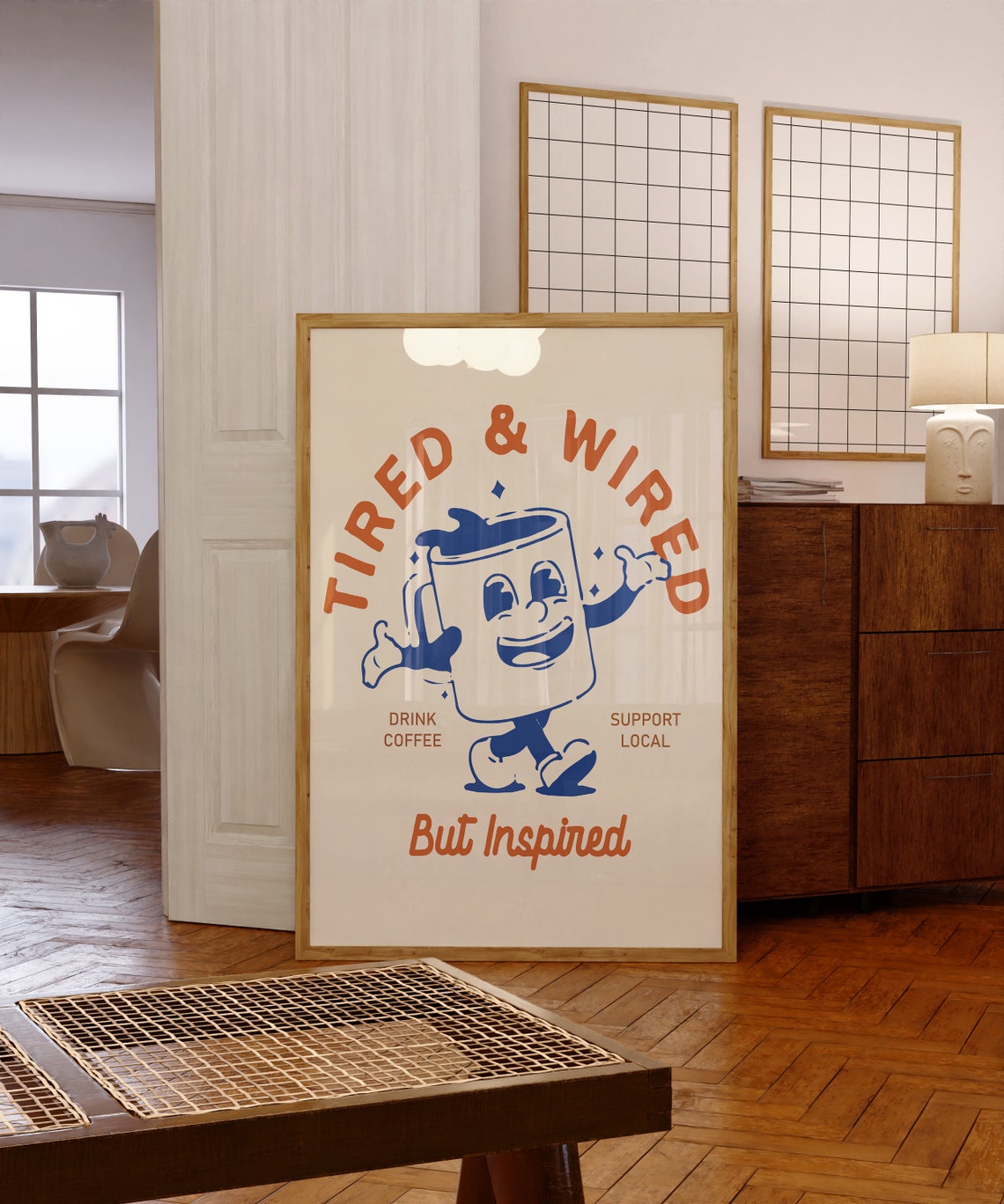 Tired and Wired But Inspired Retro Coffee Cup Kitchen Poster - Image 5