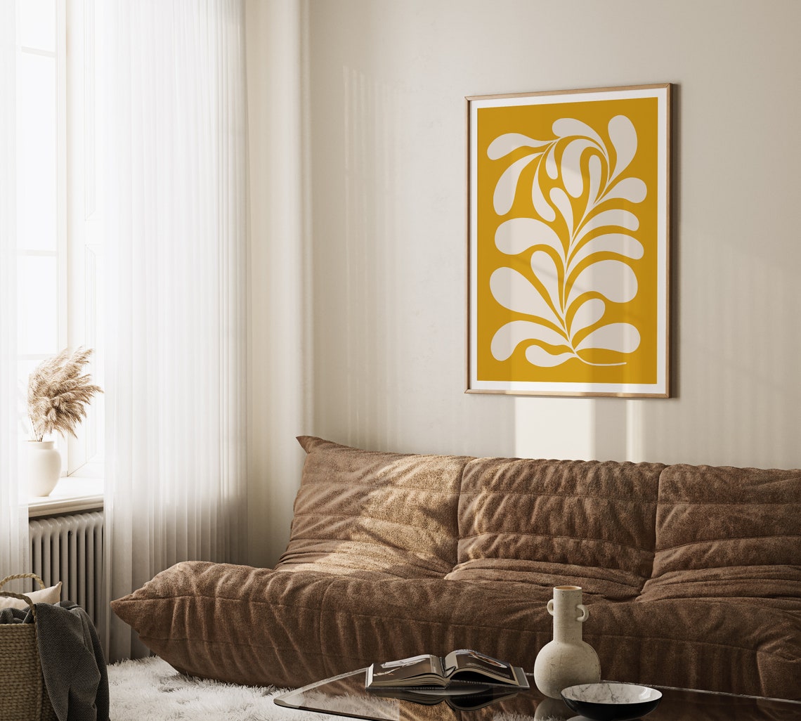 Mustard Yellow Abstract White Curving Leaf Motif Decorative Poster - Image 3