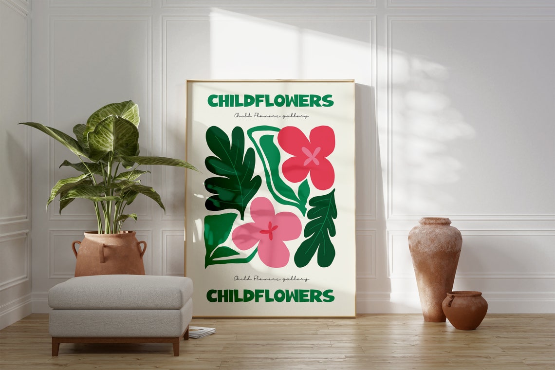 Childflowers Pink Green Botanical Gallery Modern Playful Art Poster - Image 5
