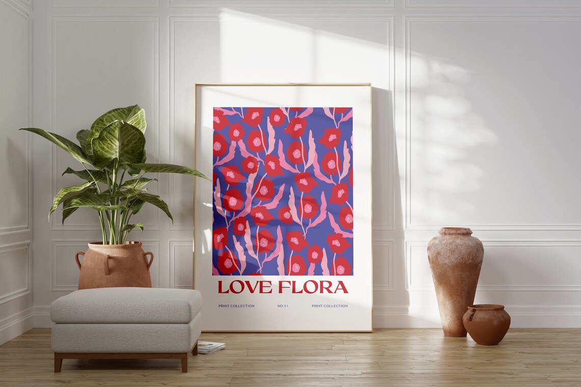 Love Flora No.11 Red Poppy Flowers on Blue Botanical Art Poster - Image 5