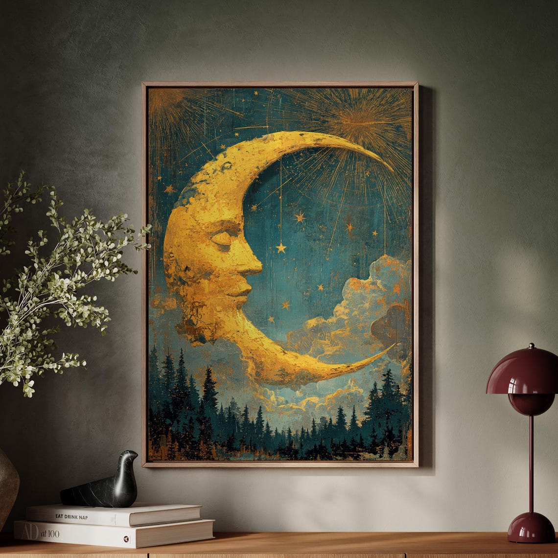 Golden Crescent Moon Face Celestial Starry Night Sky Art Poster