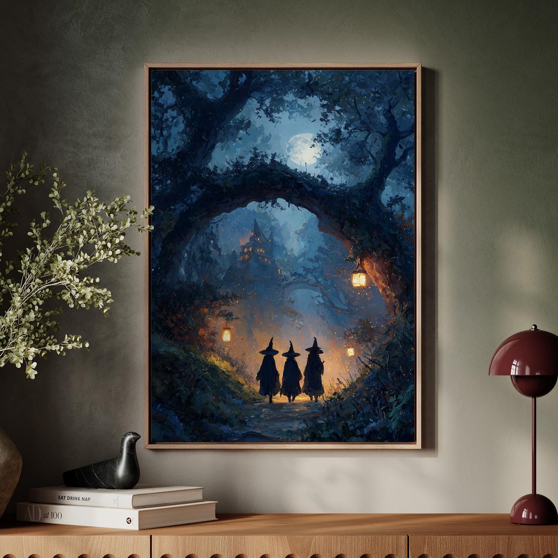 Three Witches Walking Through Moonlit Enchanted Forest Poster