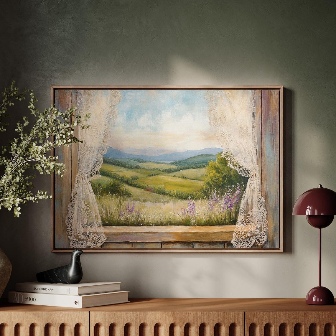 Vintage Window View Of Rolling Green Hills And Wildflowers Poster