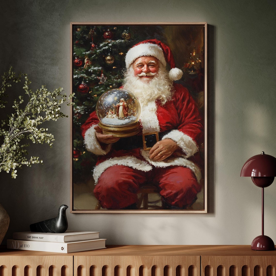 Vintage Santa Claus Holding Nativity Snow Globe Christmas Scene Poster