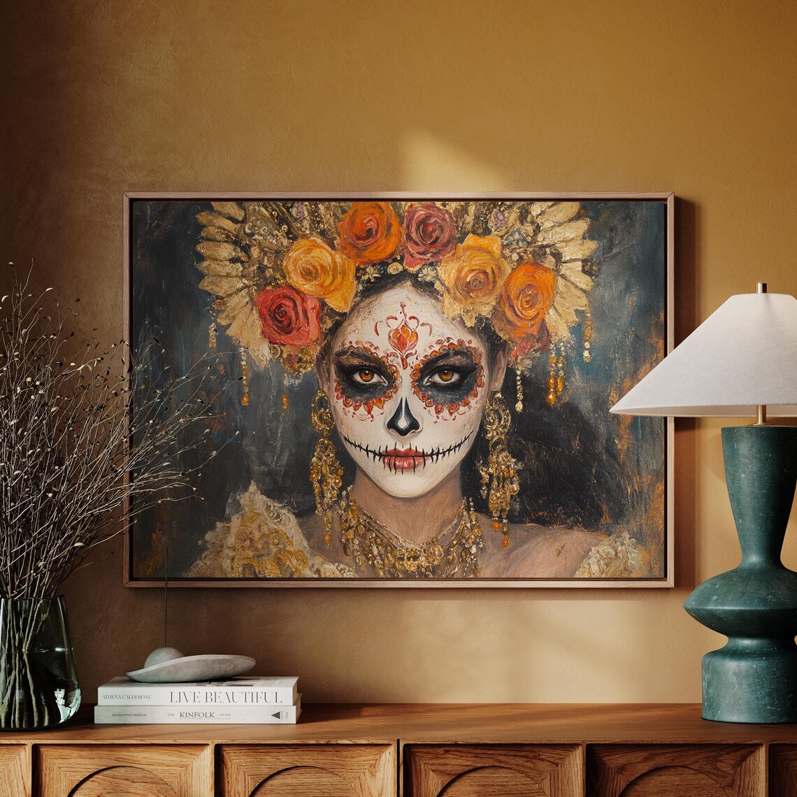 Dia De Los Muertos Rose Crown Sugar Skull Cultural Portrait Poster