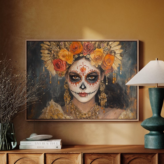 Elegant Day Of The Dead Woman Portrait Dia De Los Muertos Art Vibrant Sugar Skull Mexican Cultural Wall Decor