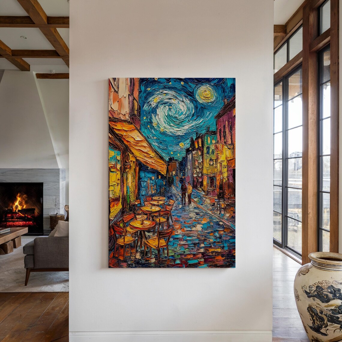 Starry Night Street Cafe Scene Swirling Impressionist Impasto City Poster