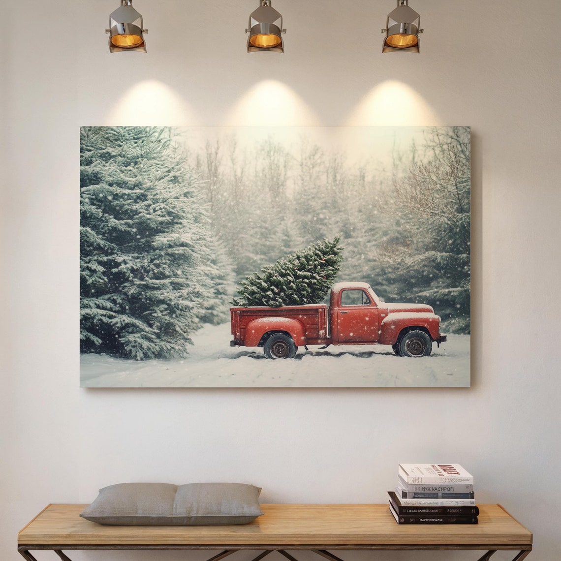 Vintage Red Truck Hauling a Christmas Tree Through Falling Snow Poster