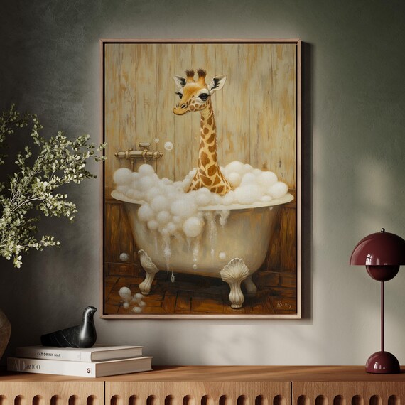 Baby Giraffe in Clawfoot Bathtub with Bubbles Cute Whimsical Animal Poster