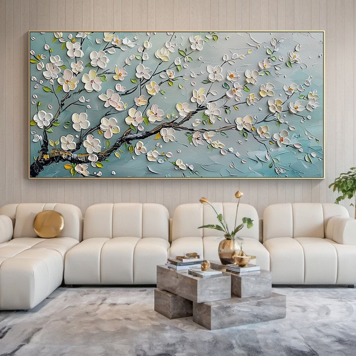 White Blossom Tree Panoramic Oil Painting Blue Grey Background Poster
