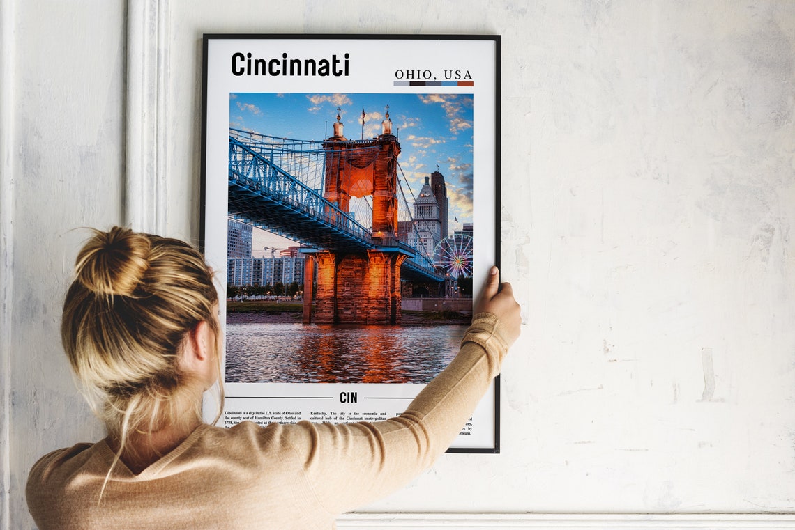 Cincinnati Ohio Roebling Bridge River Sunset Skyline Photo Poster - Image 2